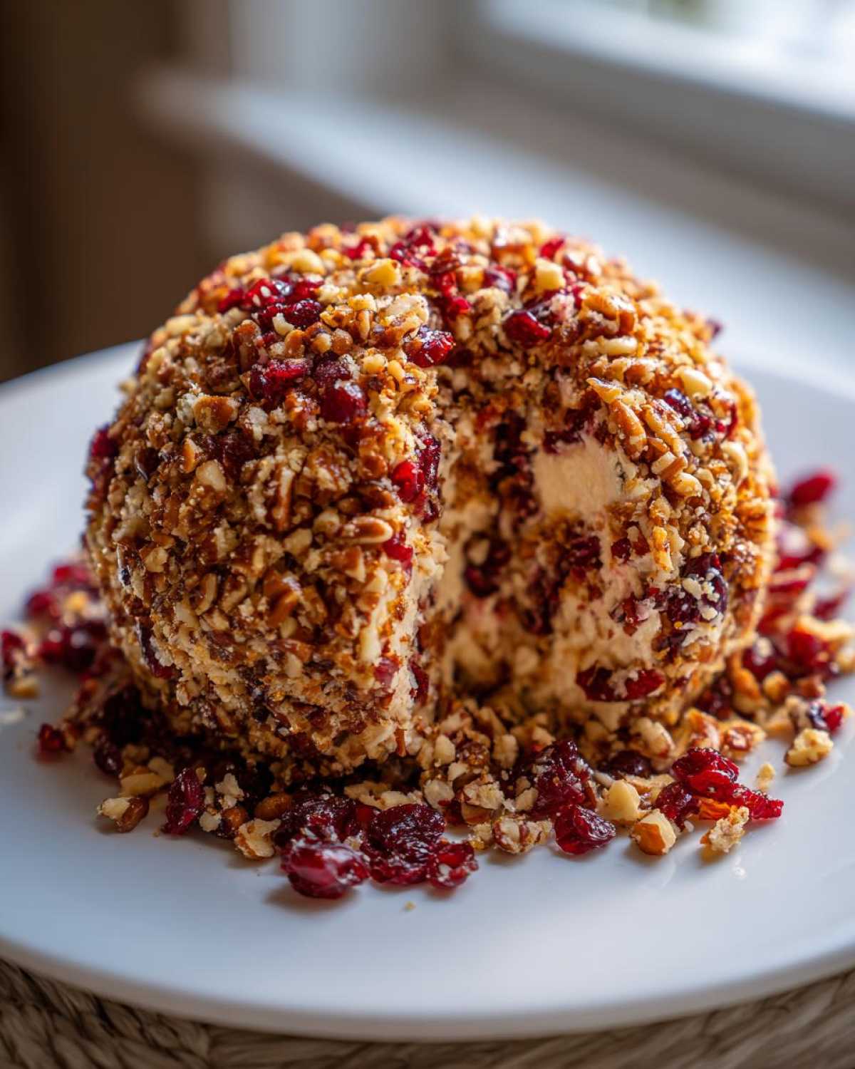 A delicious cranberry pecan cheese ball sitting on a white plate with a slice cut out, showing the creamy interior.