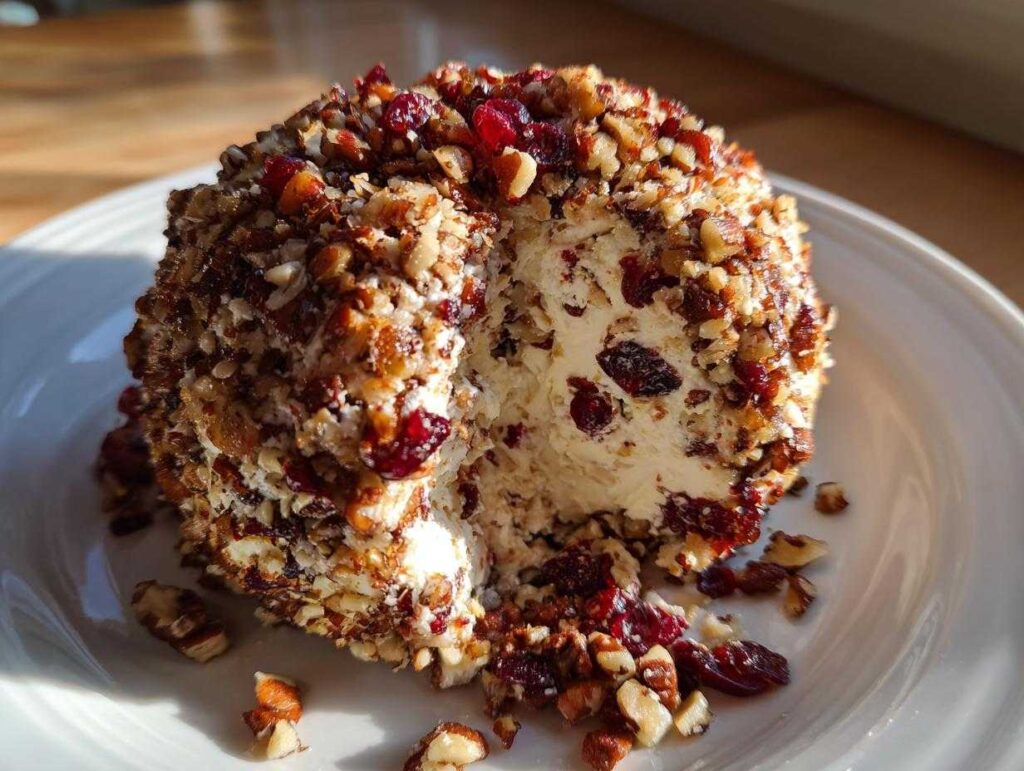 A slice taken out of a creamy cranberry pecan cheese ball coated in chopped nuts and dried cranberries.