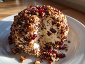 A slice taken out of a creamy cranberry pecan cheese ball coated in chopped nuts and dried cranberries.