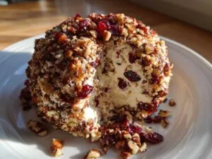 A slice taken out of a creamy cranberry pecan cheese ball coated in chopped nuts and dried cranberries.