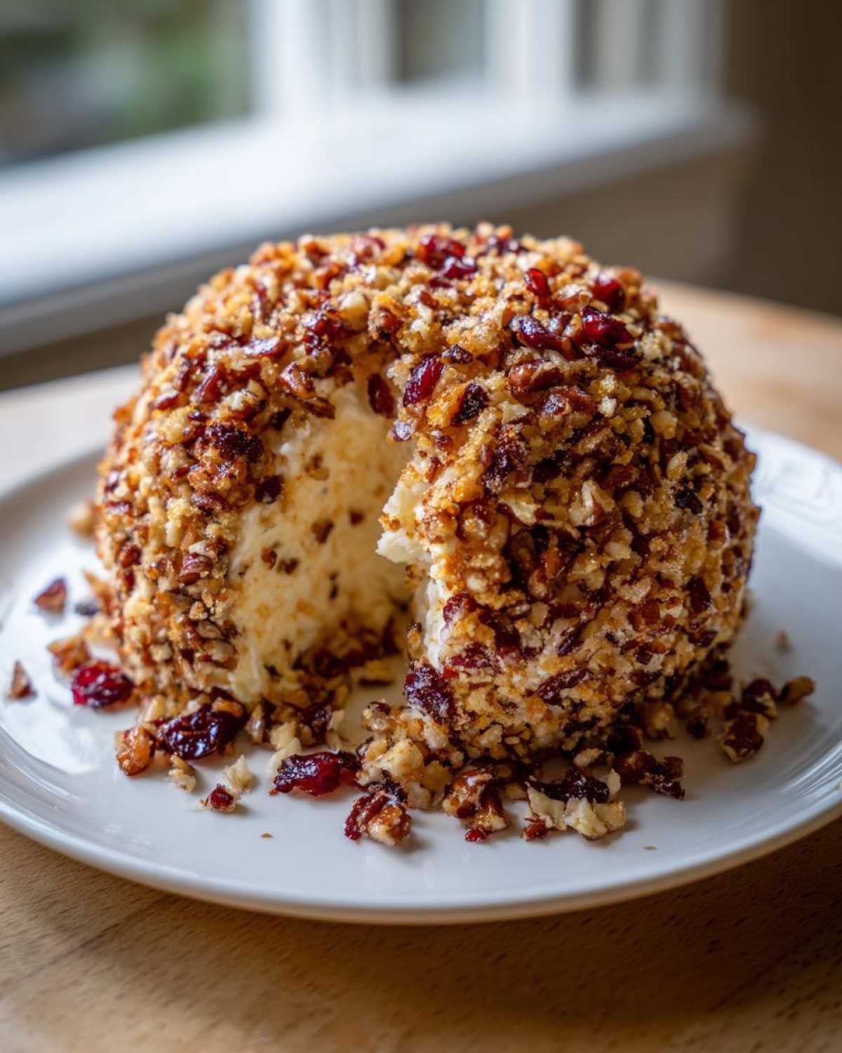 A delicious cranberry pecan cheese ball coated in nuts and dried cranberries, with a piece removed, sitting on a white plate.