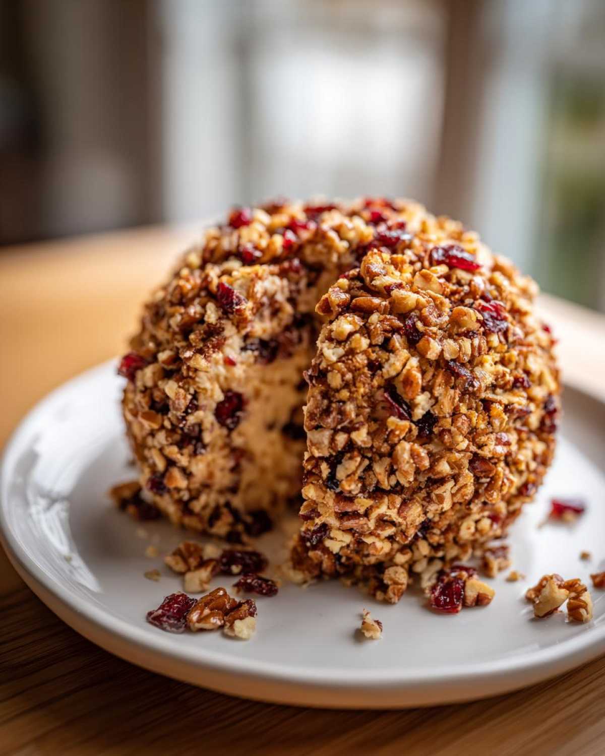 A whole cranberry pecan cheese ball coated in nuts and dried cranberries, with one slice cut out, sitting on a white plate.
