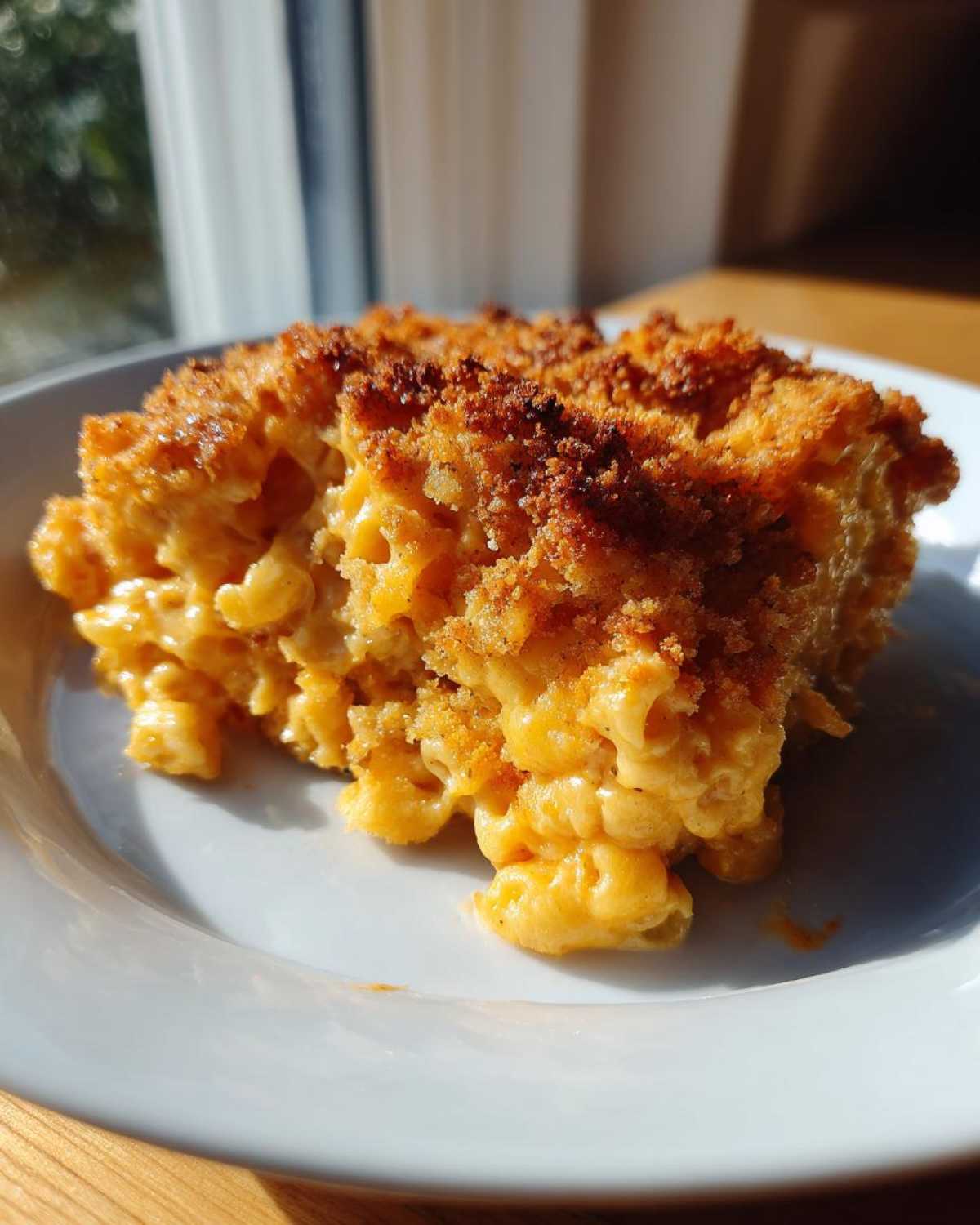 A close-up shot of a rich, creamy slice of baked mac and cheese featuring a golden, crunchy breadcrumb topping.