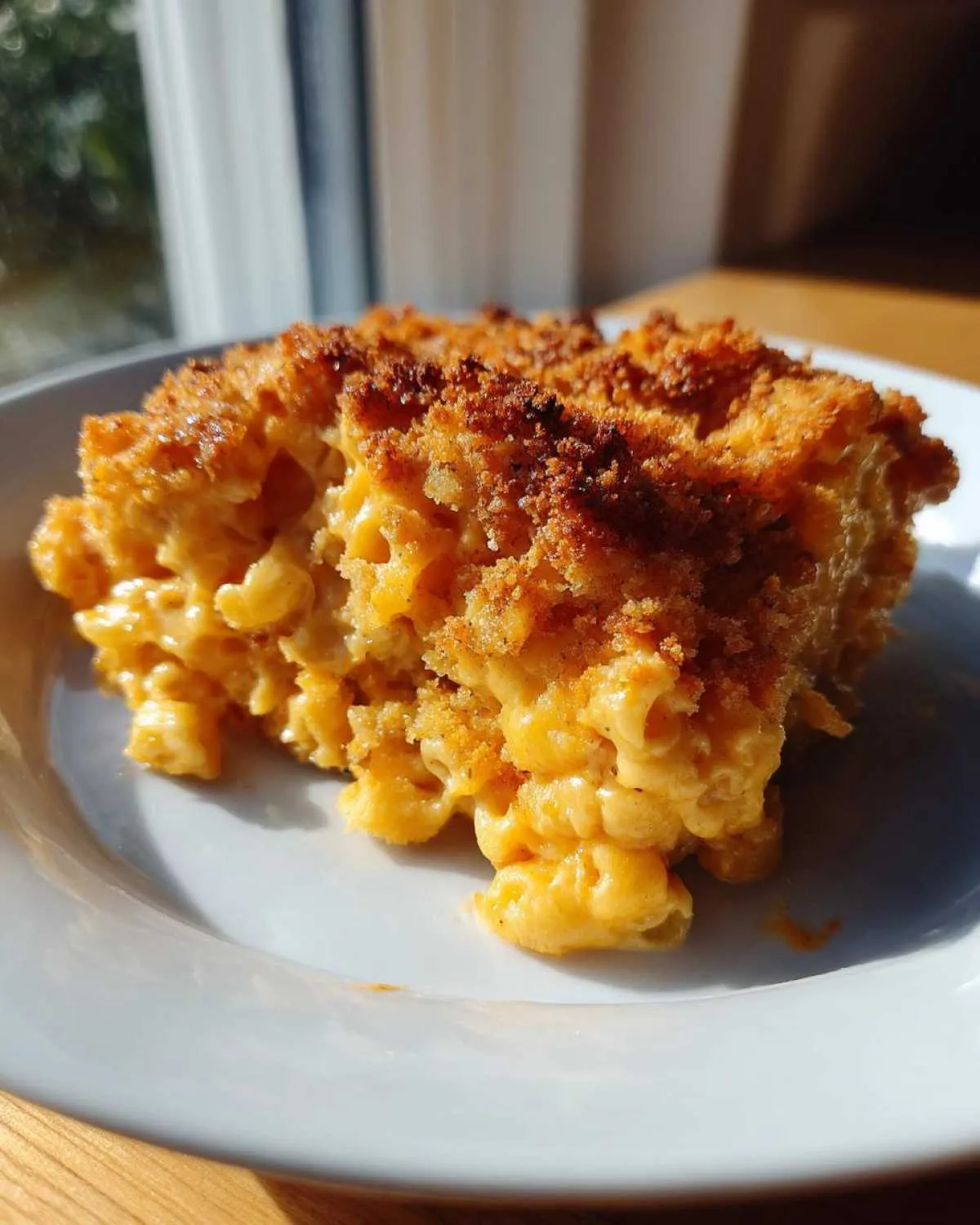 A close-up shot of a rich, creamy slice of baked mac and cheese featuring a golden, crunchy breadcrumb topping.