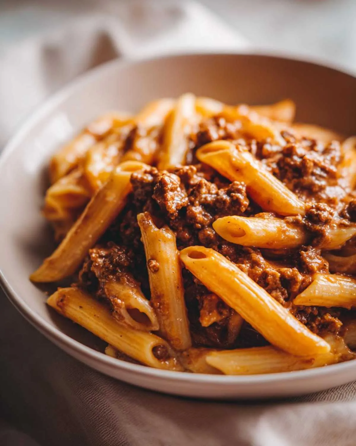 Close-up of creamy beef pasta featuring penne noodles coated in a rich meat sauce.