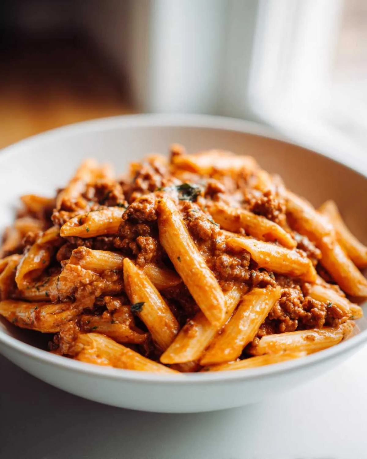 Close-up of creamy beef pasta made with penne noodles and rich meat sauce in a white bowl.