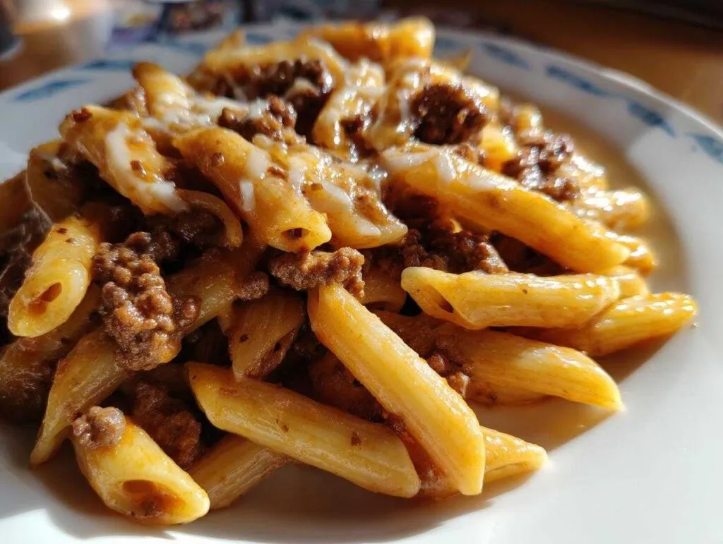 Close-up of creamy beef pasta made with penne noodles, covered in a rich sauce and melted cheese.
