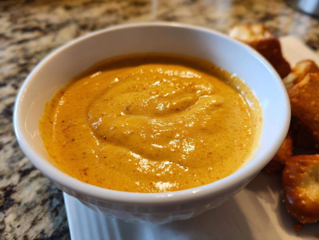 Close-up of creamy, orange beer cheese dip served in a small white bowl, ready for dipping.