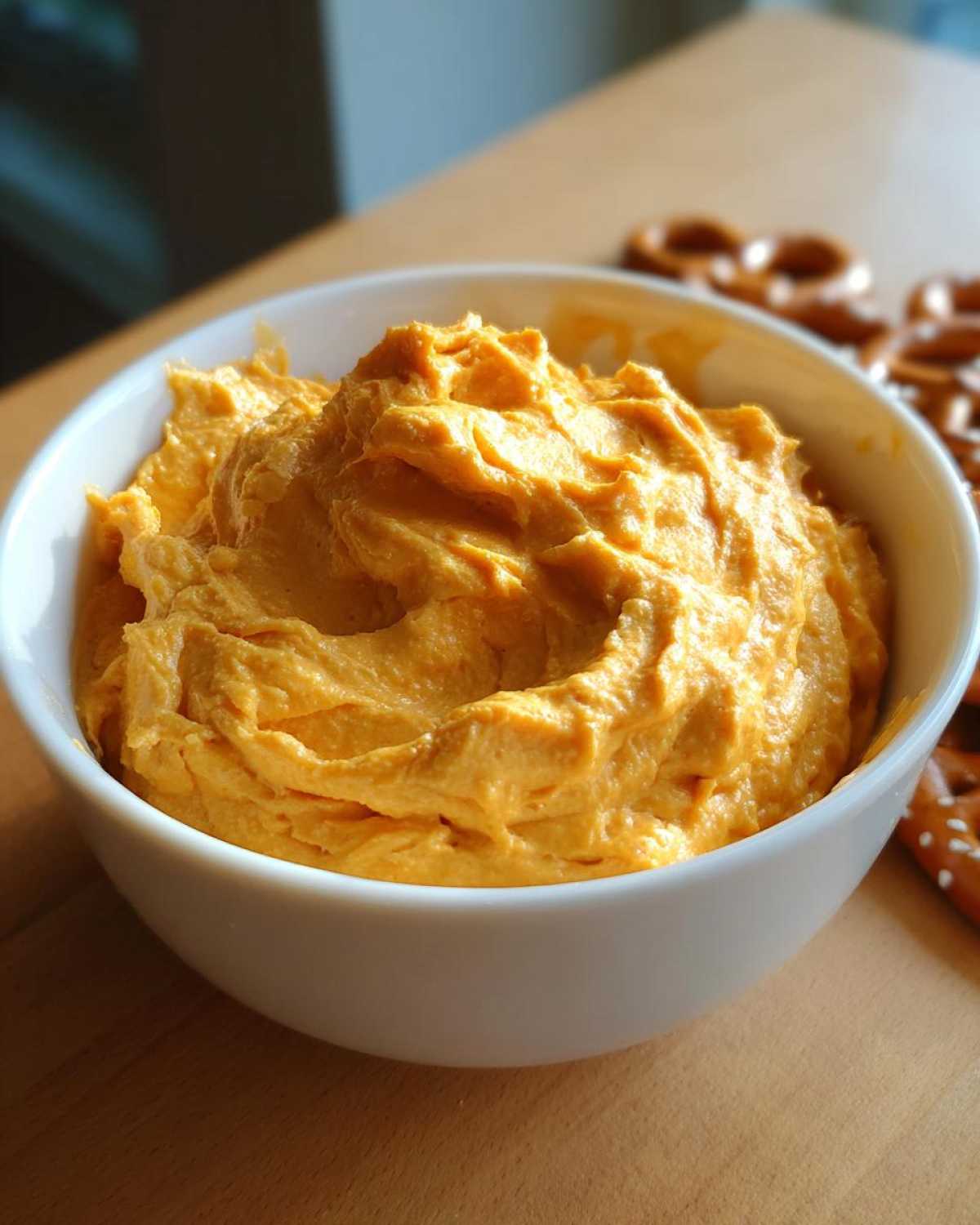 A close-up of thick, creamy, bright orange beer cheese dip served in a white bowl, with pretzels visible in the background.