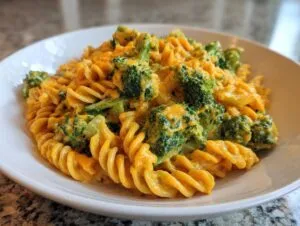 A close-up shot of creamy, cheesy broccoli pasta made with rotini noodles served in a white bowl.