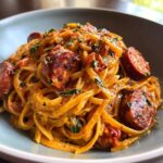 Close-up of creamy cajun sausage pasta tossed with linguine and garnished with fresh parsley.