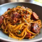 Close-up of creamy cajun sausage pasta tossed with linguine and garnished with fresh parsley.