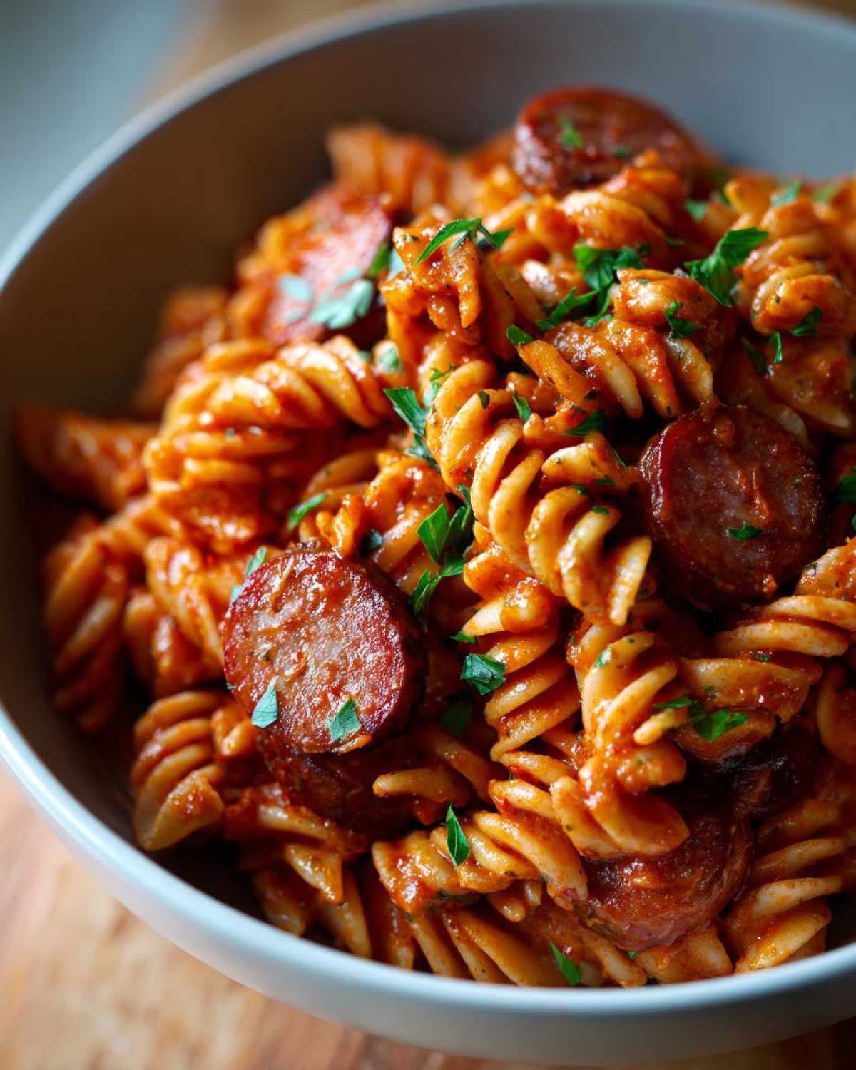 Close-up of creamy cajun sausage pasta made with rotini noodles and sliced smoked sausage, garnished with parsley.