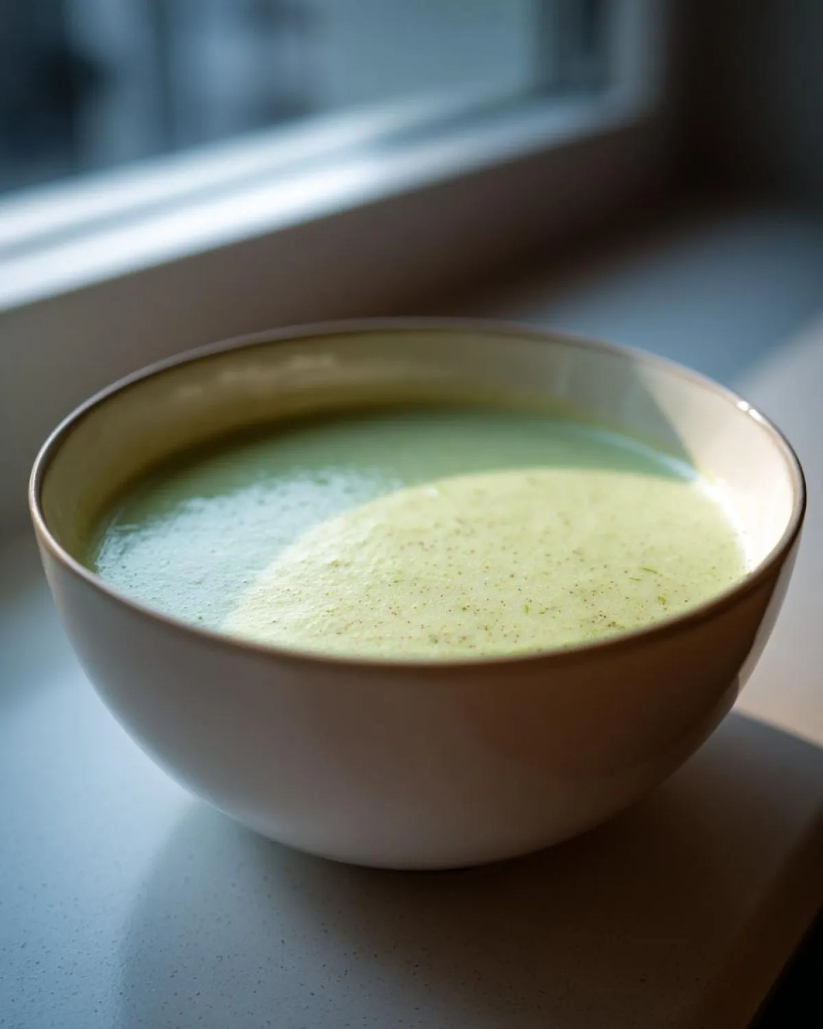 A creamy, light green celery soup served in a white bowl, illuminated by natural light near a window.