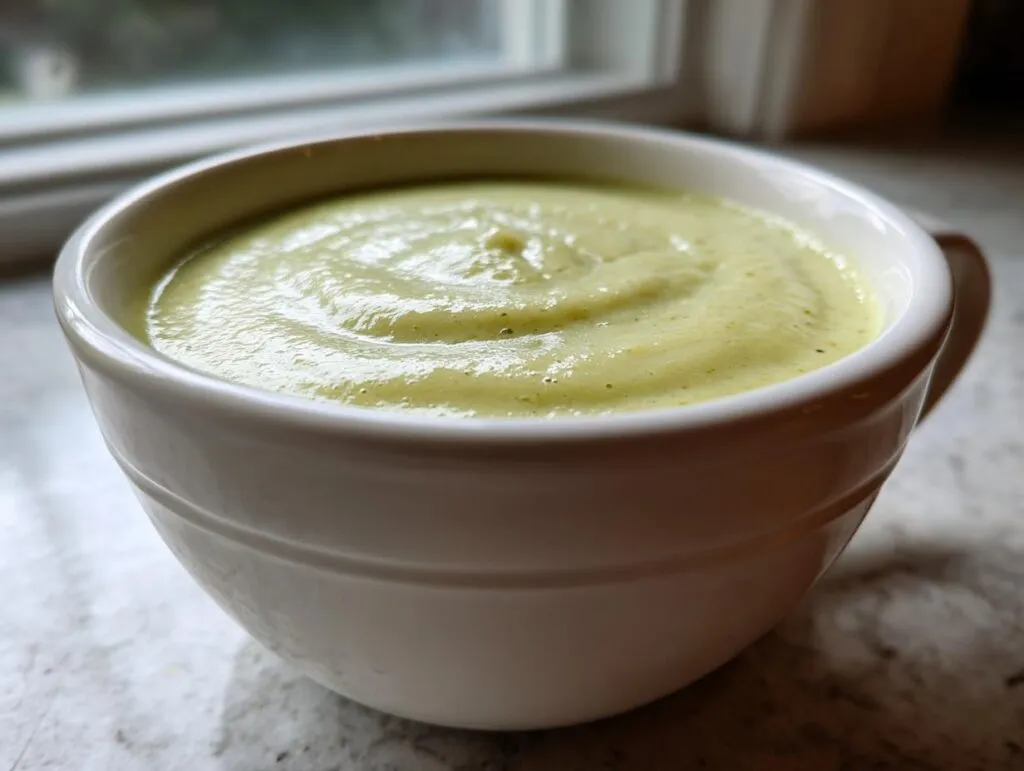Close-up of creamy, light green celery soup served in a white mug or bowl near a window.