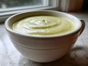 Close-up of creamy, light green celery soup served in a white mug or bowl near a window.