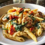 Close-up of creamy chicken sausage pasta featuring penne, sliced sausage, wilted spinach, and sun-dried tomatoes.