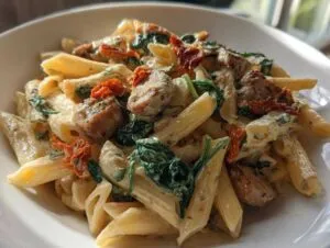 Close-up of a bowl of creamy chicken sausage pasta featuring penne, sausage chunks, wilted spinach, and sun-dried tomatoes.