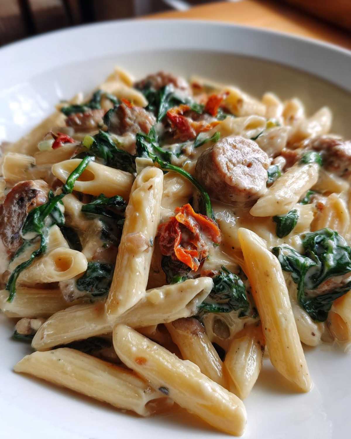 Close-up of creamy chicken sausage pasta featuring penne, sliced sausage, wilted spinach, and sun-dried tomatoes.