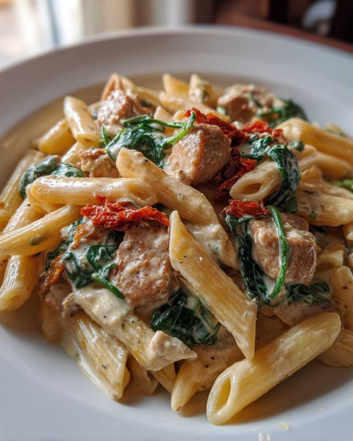 Close-up of creamy chicken sausage pasta featuring penne, chunks of sausage, wilted spinach, and sun-dried tomatoes.