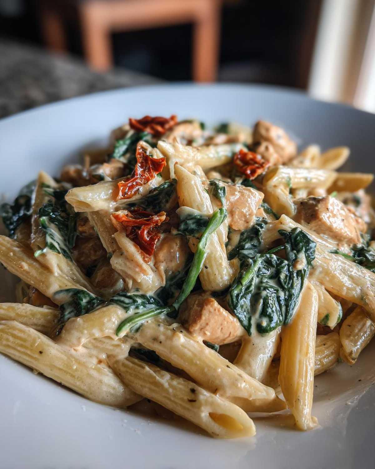 Close-up of creamy chicken sausage pasta featuring penne, wilted spinach, and sun-dried tomatoes in a white bowl.