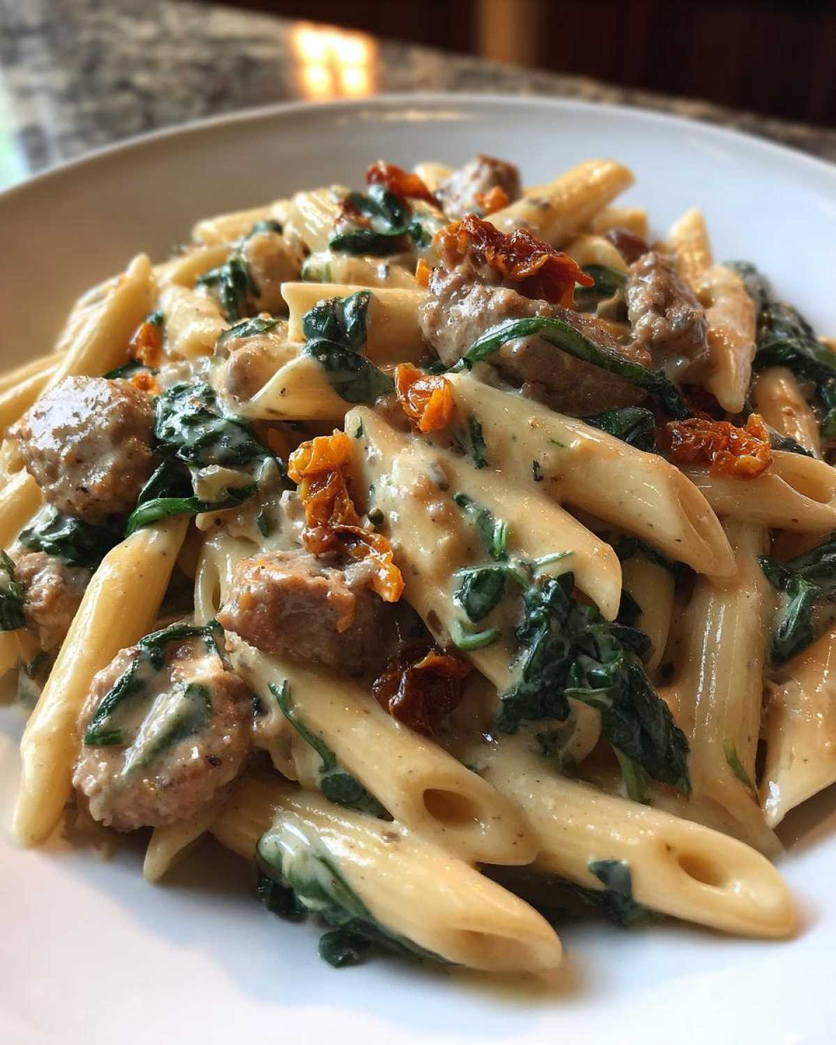 Close-up of creamy chicken sausage pasta featuring penne, spinach, and sun-dried tomatoes.