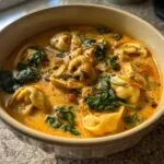 Close-up of a hearty bowl of creamy chicken tortellini soup, featuring cheese tortellini and wilted spinach.