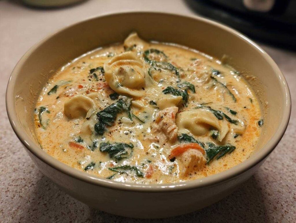 Close-up of a beige bowl filled with creamy chicken tortellini soup, featuring tortellini, spinach, and chicken pieces.
