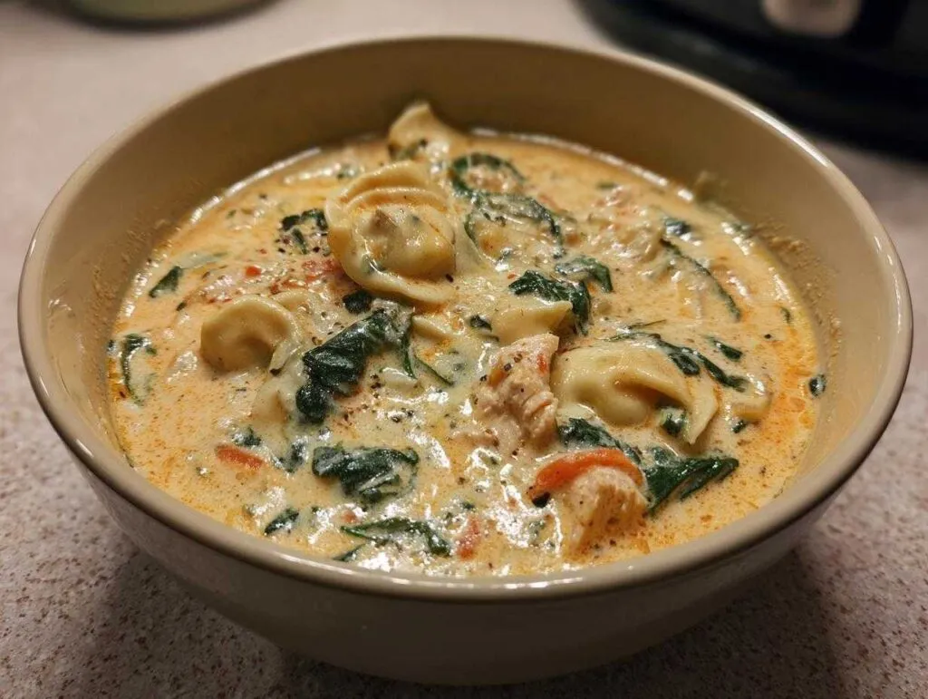 Close-up of a beige bowl filled with creamy chicken tortellini soup, featuring tortellini, spinach, and chicken pieces.