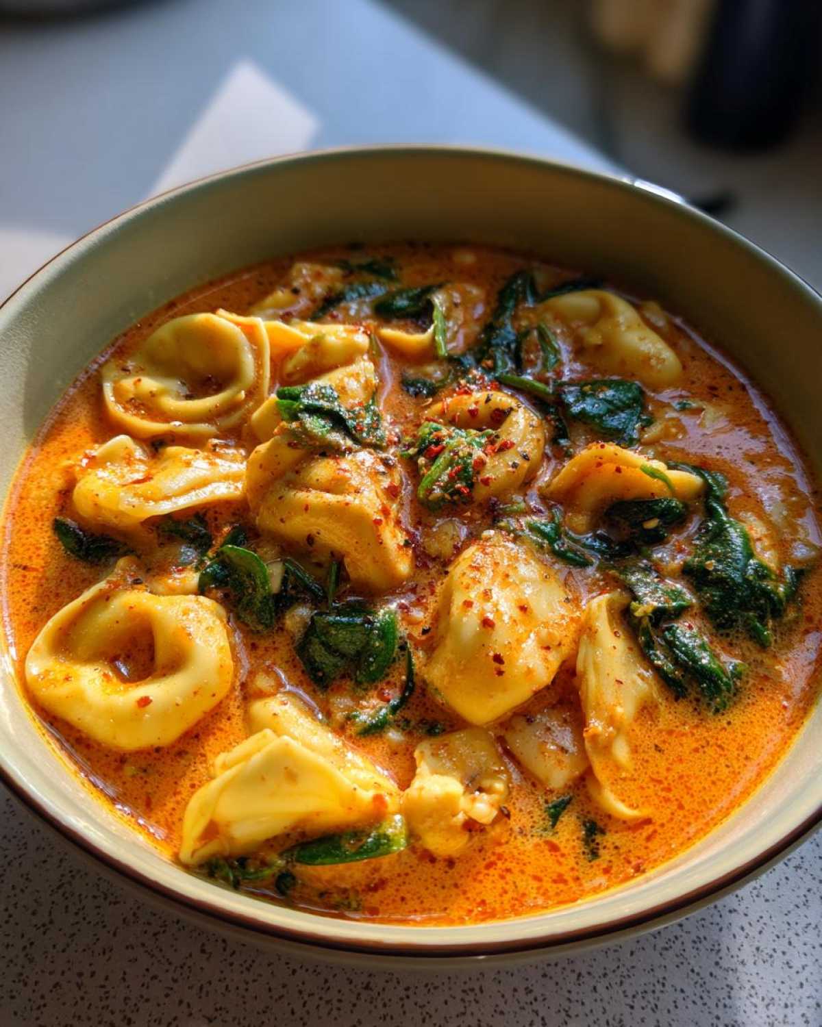 A close-up bowl of rich, orange-hued creamy chicken tortellini soup filled with pasta, spinach, and red pepper flakes.