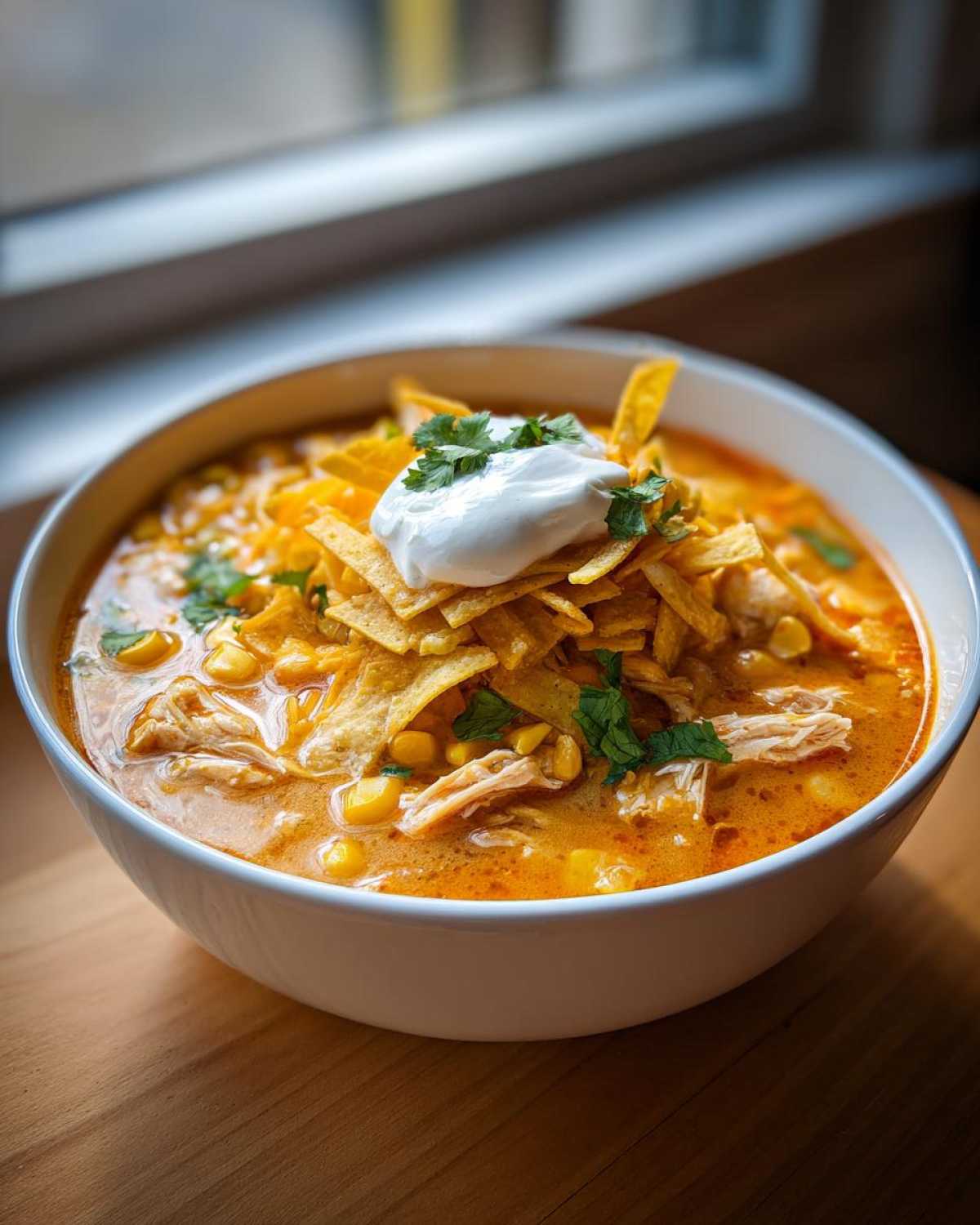 A close-up of a white bowl filled with creamy chicken tortilla soup, topped with tortilla strips, sour cream, and cilantro.