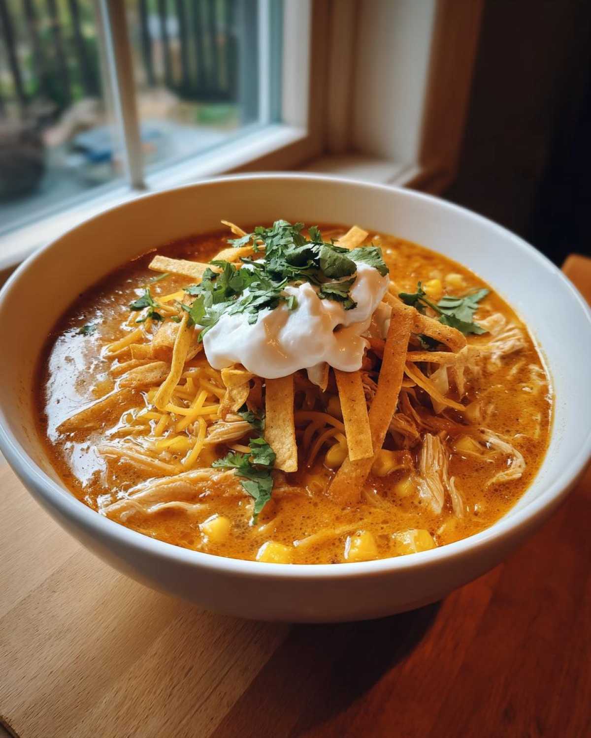 A close-up of a bowl of creamy chicken tortilla soup topped with sour cream, cilantro, cheese, and tortilla strips.