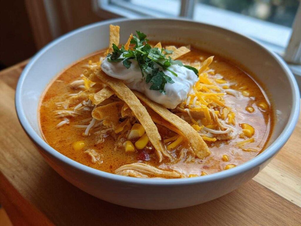 A close-up of a bowl filled with creamy chicken tortilla soup, topped with tortilla strips, cheese, sour cream, and cilantro.