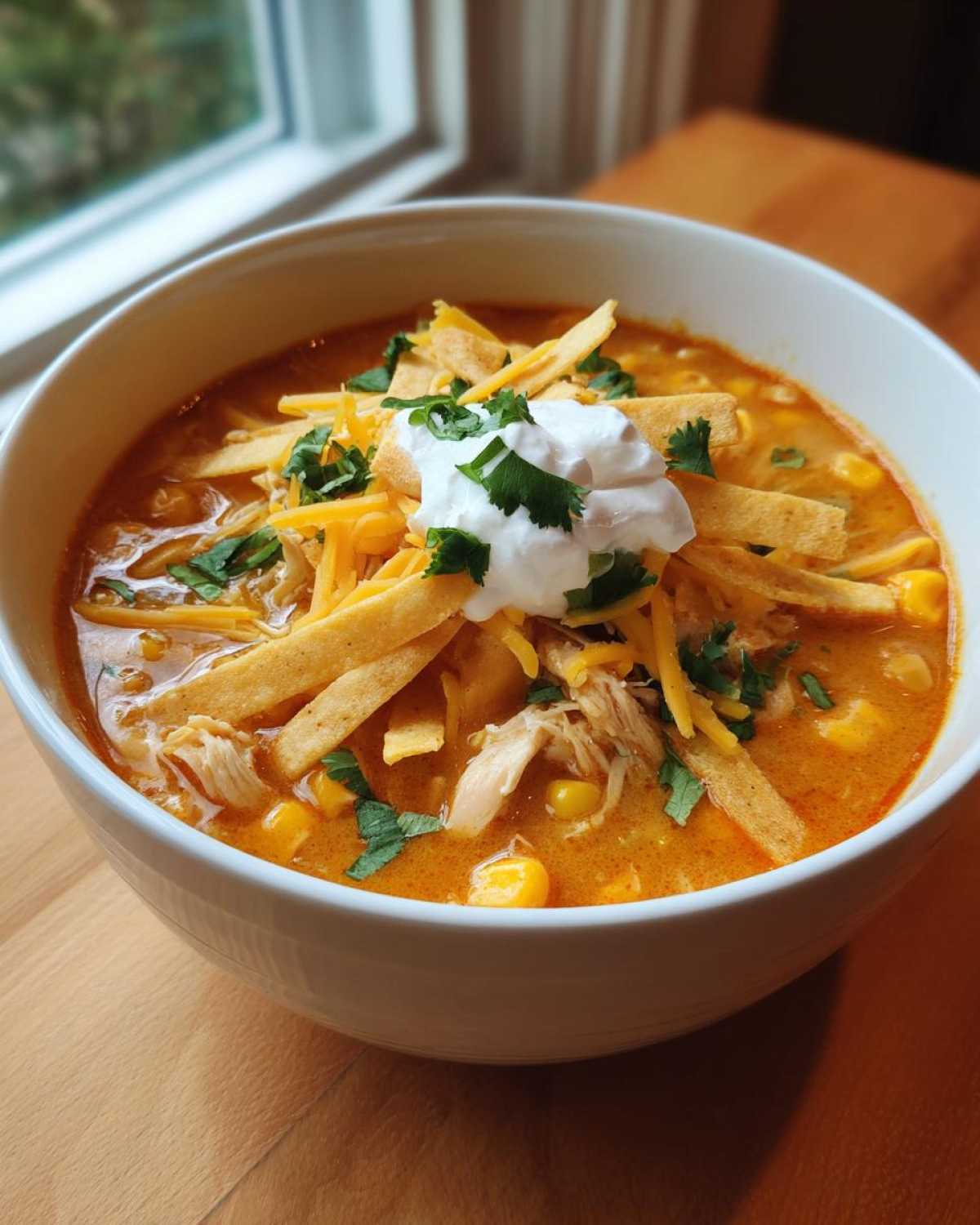 A close-up of a bowl of creamy chicken tortilla soup topped with shredded cheese, tortilla strips, sour cream, and cilantro.