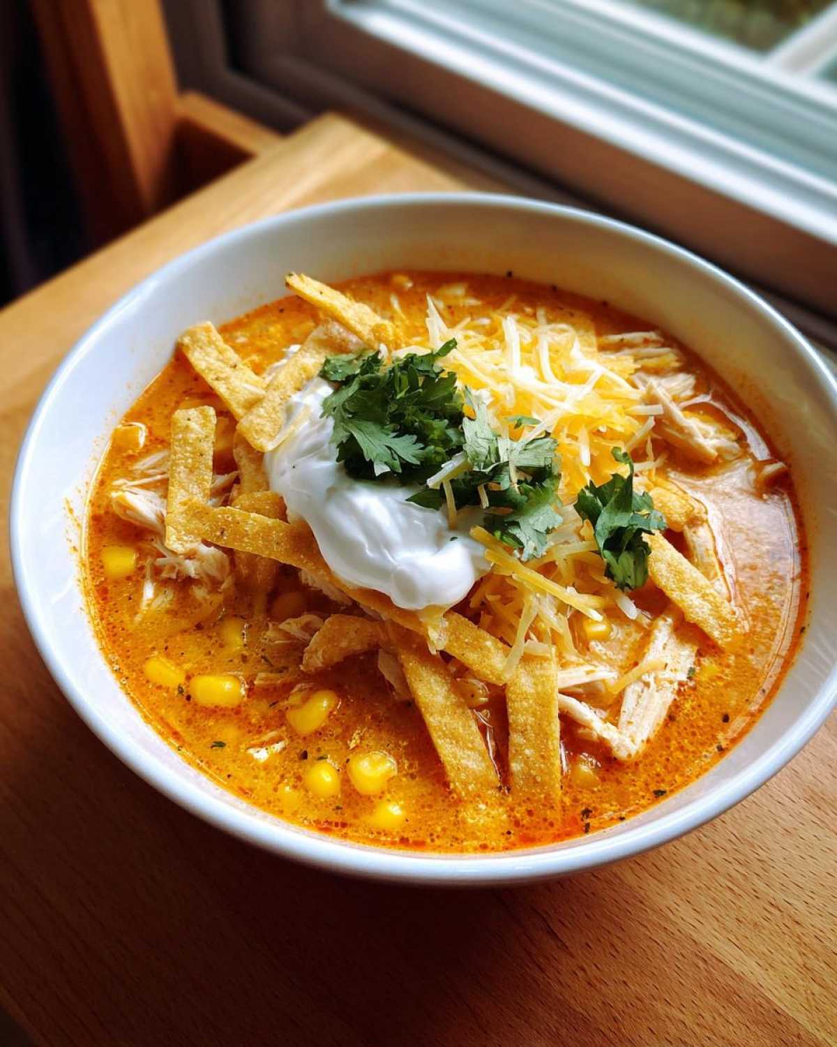 A close-up of a bowl of creamy chicken tortilla soup topped with sour cream, cheese, cilantro, and tortilla strips.