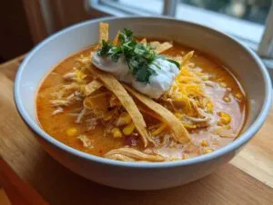 A close-up of a bowl filled with creamy chicken tortilla soup, topped with tortilla strips, cheese, sour cream, and cilantro.