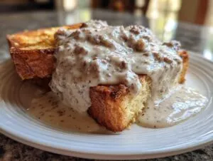 Close-up of chipped beef on toast, featuring thick, creamy gravy generously poured over toasted bread.