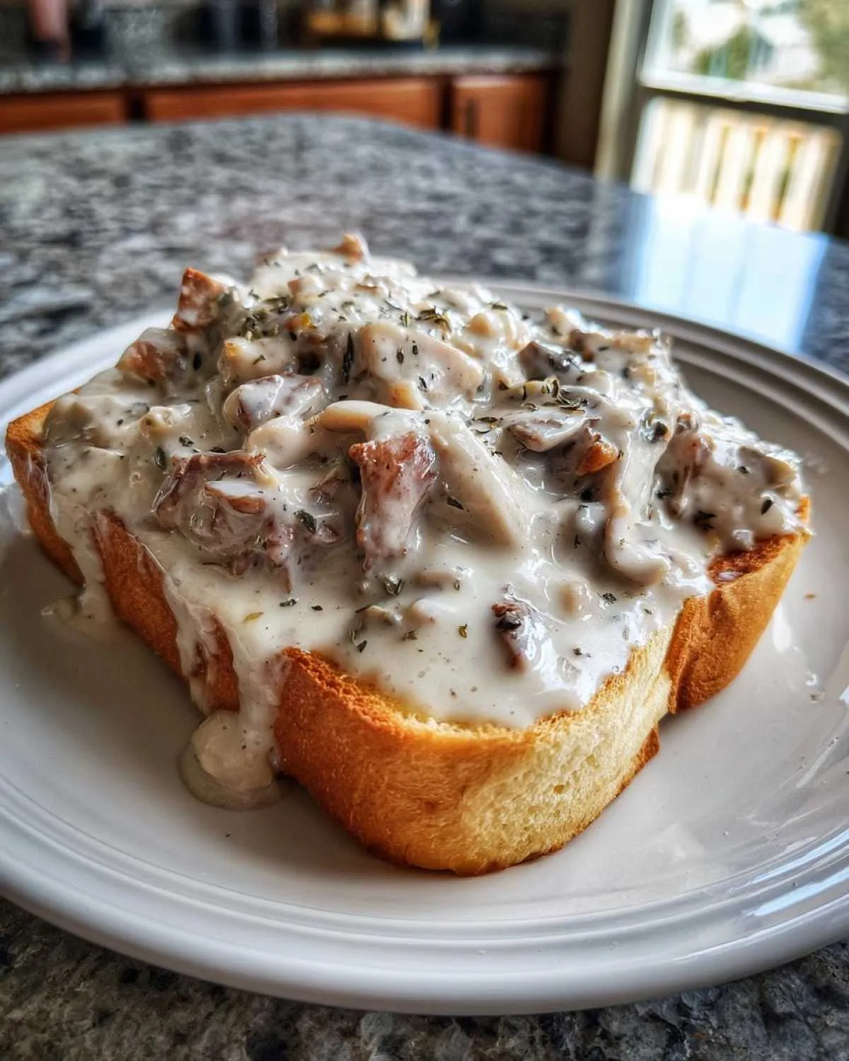A thick slice of toast generously covered with creamy chipped beef on toast sauce and herbs.