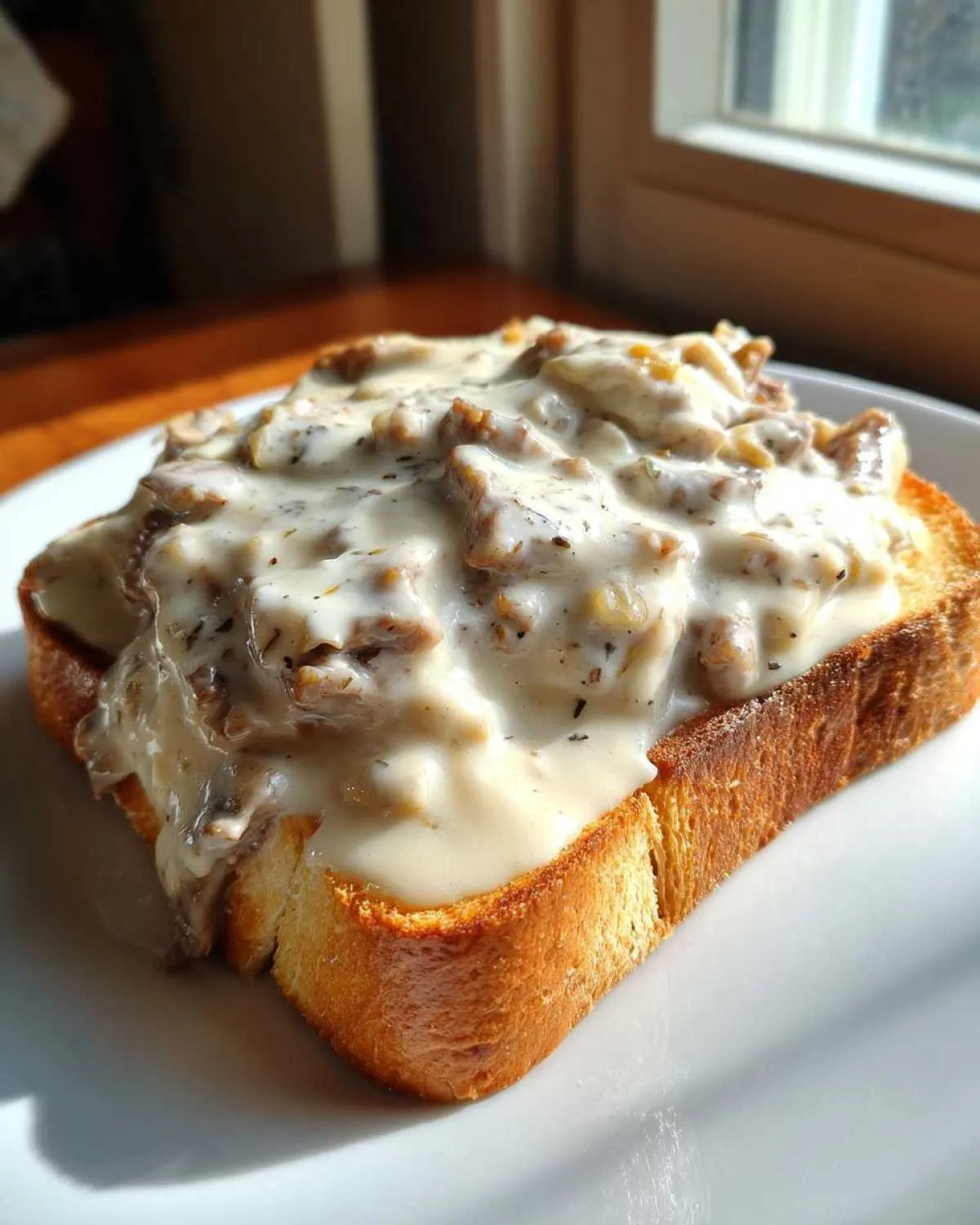 A thick slice of golden toast generously topped with creamy chipped beef on toast sauce.