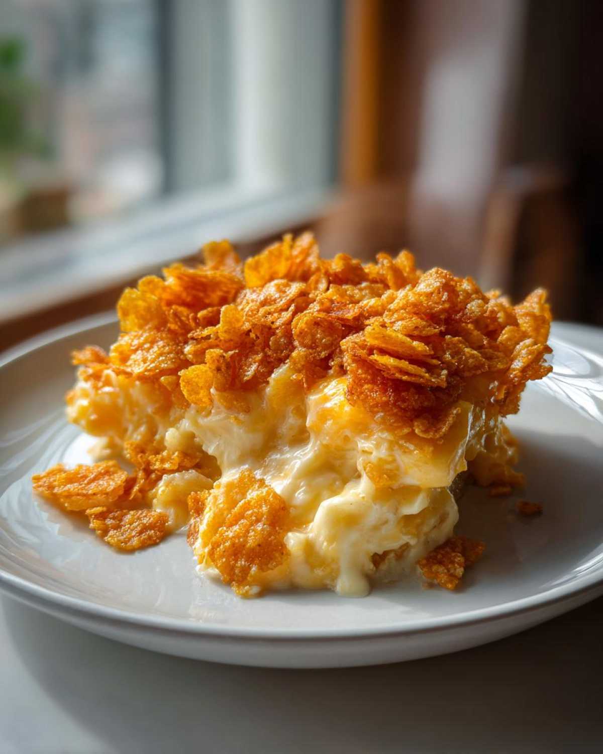 A scoop of creamy funeral potatoes recipe topped with a thick layer of golden, crunchy cornflakes.