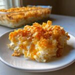 A close-up serving of funeral potatoes recipe, creamy and cheesy, topped with golden, crunchy cornflakes.