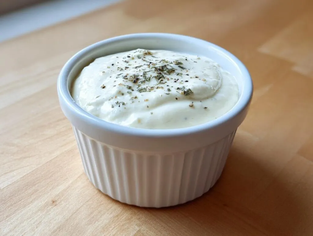A close-up of creamy horseradish sauce for prime rib, garnished with herbs, served in a white fluted ramekin.