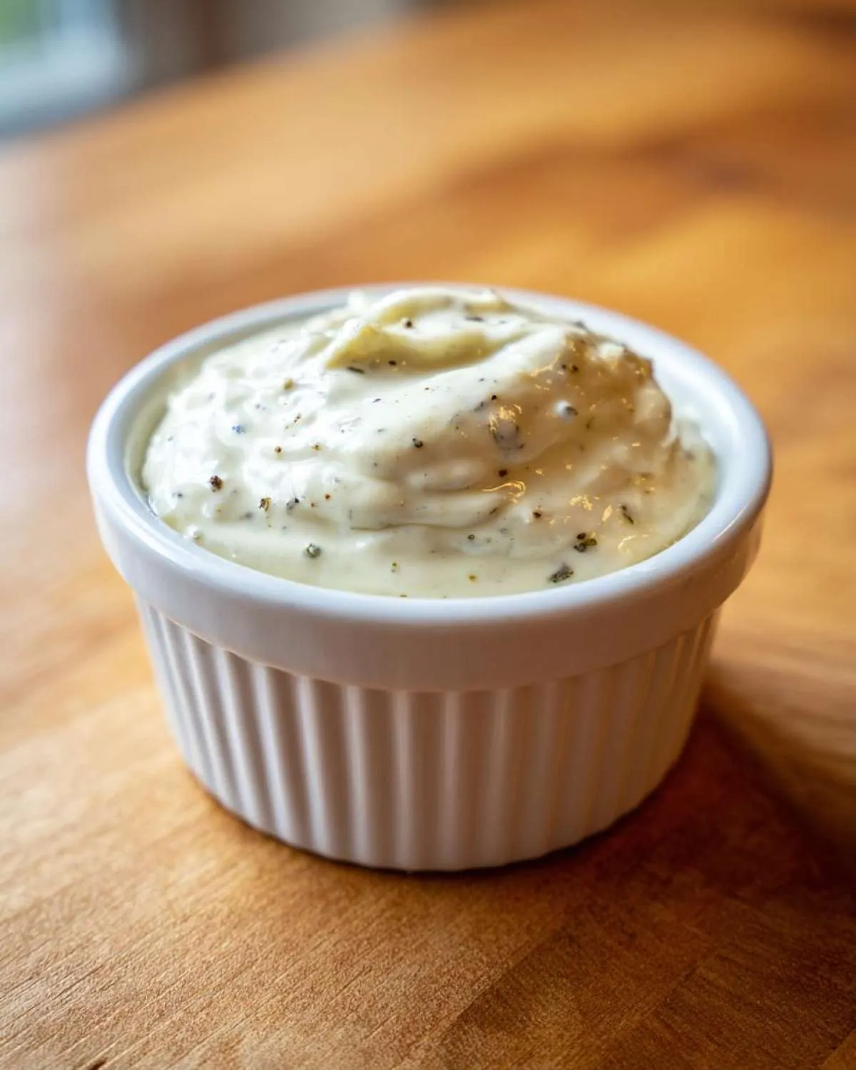 A close-up of creamy horseradish sauce for prime rib, speckled with pepper, served in a white ramekin on a wooden surface.