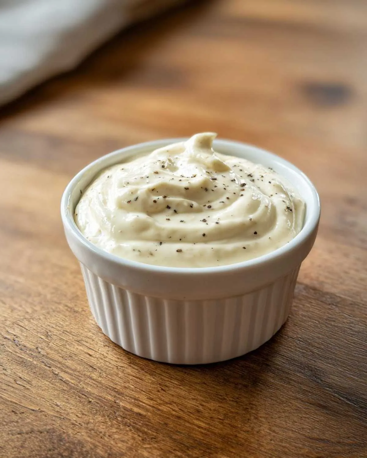 Close-up of creamy horseradish sauce for prime rib, topped with black pepper, in a white fluted ramekin.