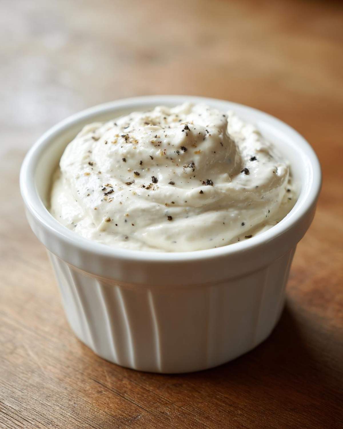 Close-up of creamy horseradish sauce for prime rib, topped with cracked black pepper, served in a white ramekin.