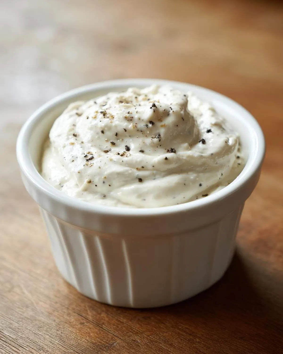 Close-up of creamy horseradish sauce for prime rib, topped with cracked black pepper, served in a white ramekin.