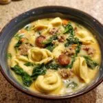 Close-up of creamy italian sausage tortellini soup with spinach and chunks of sausage in a blue bowl.