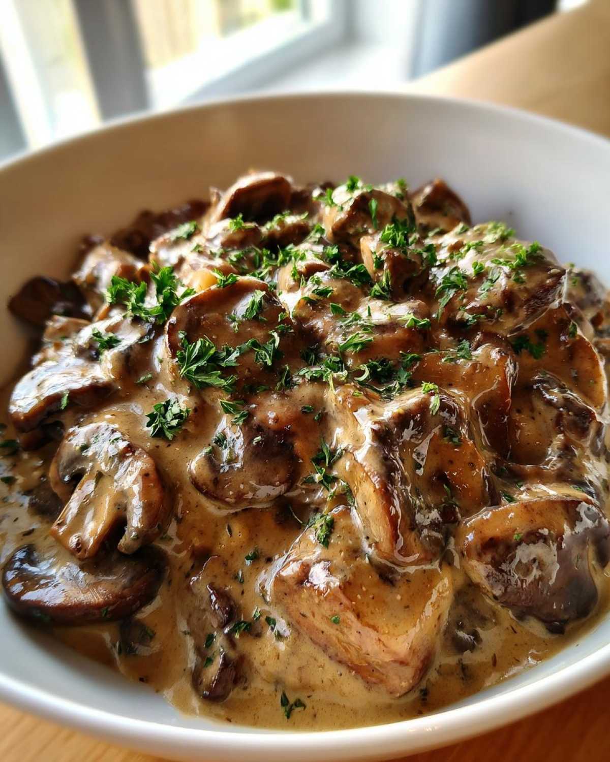Close-up of a rich, creamy mushroom sauce loaded with sliced mushrooms and topped with fresh parsley.