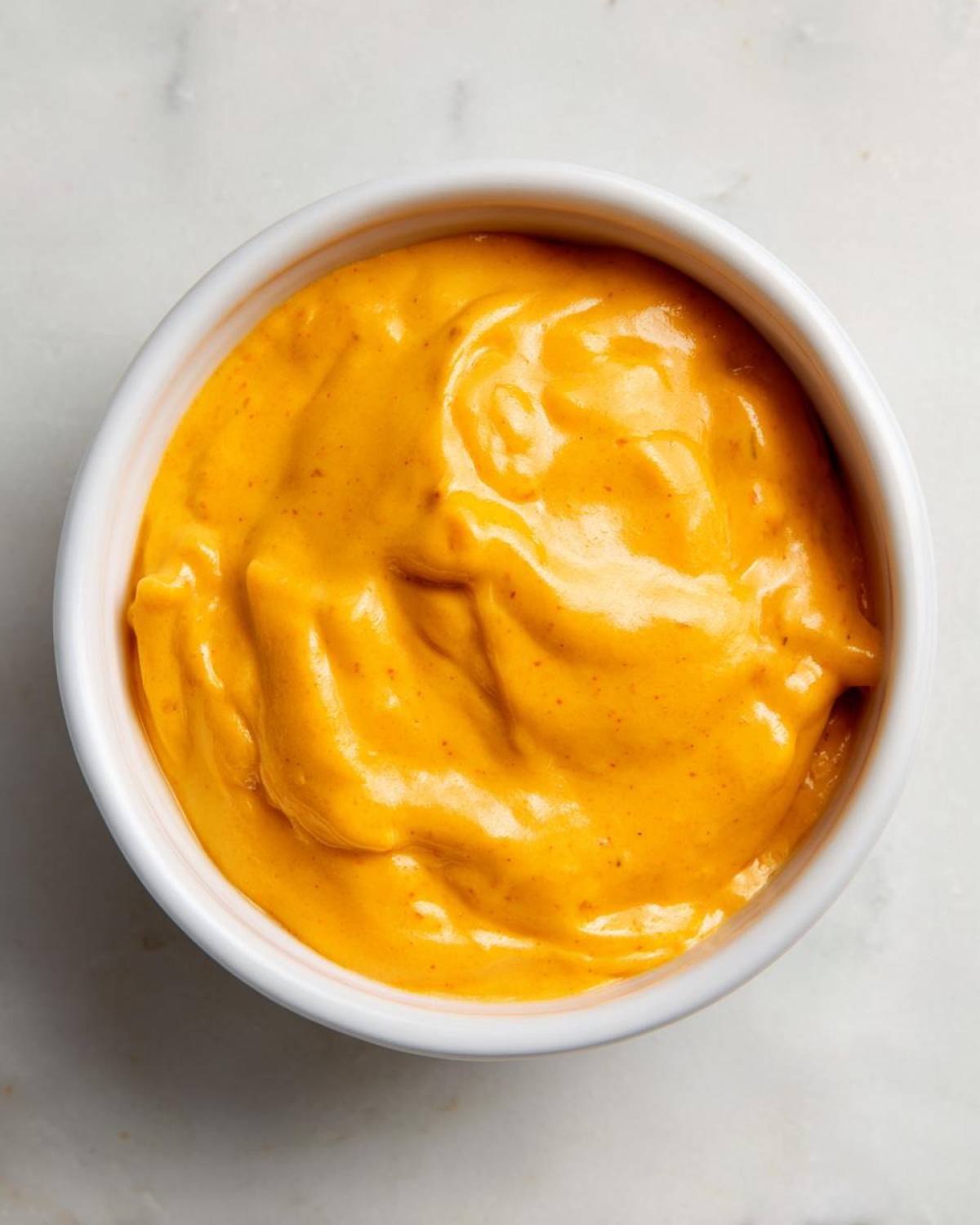 Overhead close-up of thick, vibrant orange nacho cheese sauce served in a small white ramekin on a marble surface.