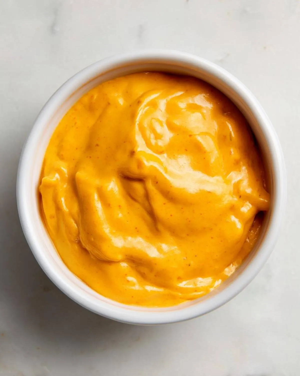 Overhead close-up of thick, vibrant orange nacho cheese sauce served in a small white ramekin on a marble surface.